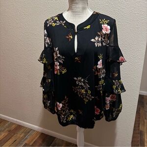 PerSeption Concept - Black Floral Blouse with Ruffle Sleeves - Size Large